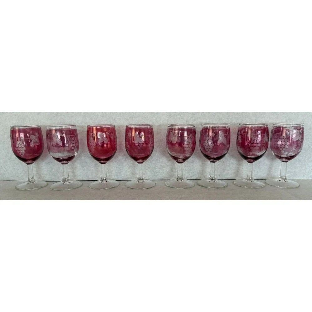 Rose Colored and Grape Etched Wine Glasses
